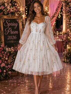 Spring Prom 2026 Floral Embroidered Tulle Midi Dress | Cottagecore Romantic Gard